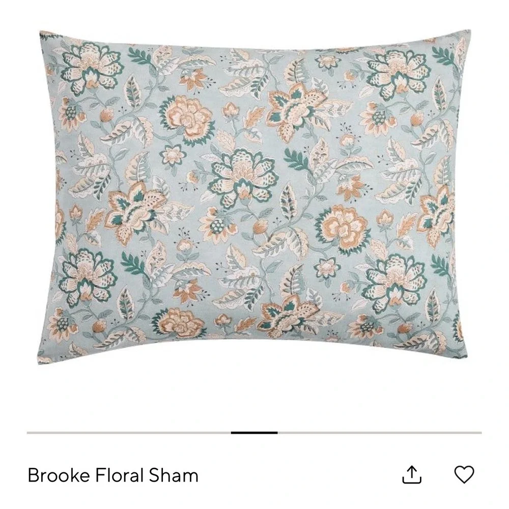 Pottery Barn Brooke Floral Standard Pillow Sham Blue Percale Cotton New